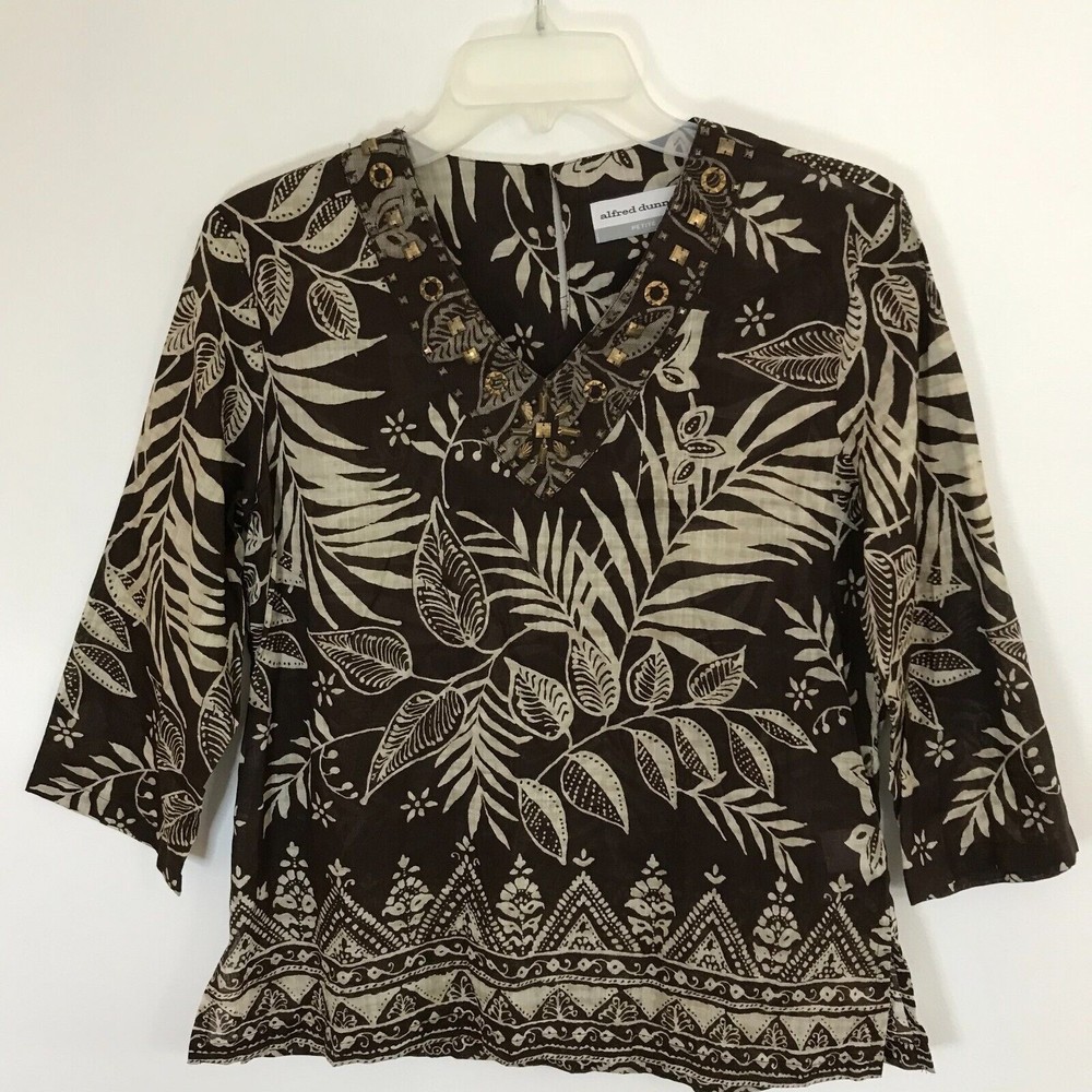 Alfred Dunner Women's Petite Tunic Top Blouse Embellished Brown V-Neck Size 6P